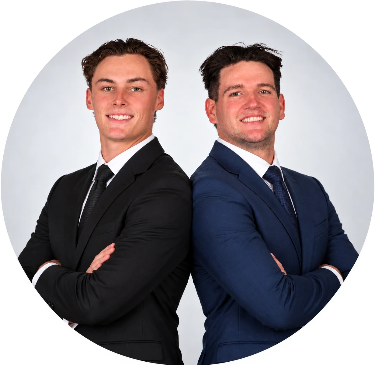 The two founders of Forge Digital, standing back to back in suits