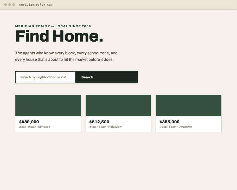 Example real estate website design — light, clean, listings-focused